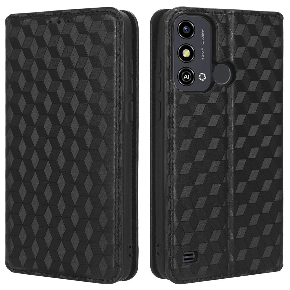 For ZTE Blade A53 / A53+ Rhombus Imprinted Shell PU Leather Stand Case Drop Resistant Phone Cover - Black - 1
