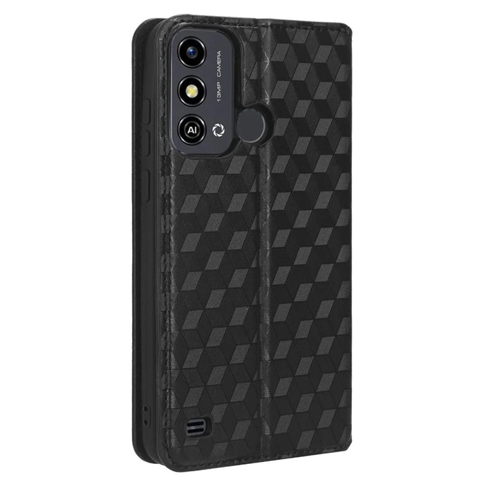 For ZTE Blade A53 / A53+ Rhombus Imprinted Shell PU Leather Stand Case Drop Resistant Phone Cover - Black - 6