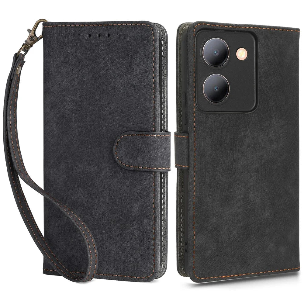 For vivo Y36 4G (Global) / Y36 5G (Global) / Y78 5G (China) / Y78m 5G / Y27 5G / Y27s 4G / Y77t 5G / Y78 5G RFID Blocking Wallet Case with Strap - Black - 1