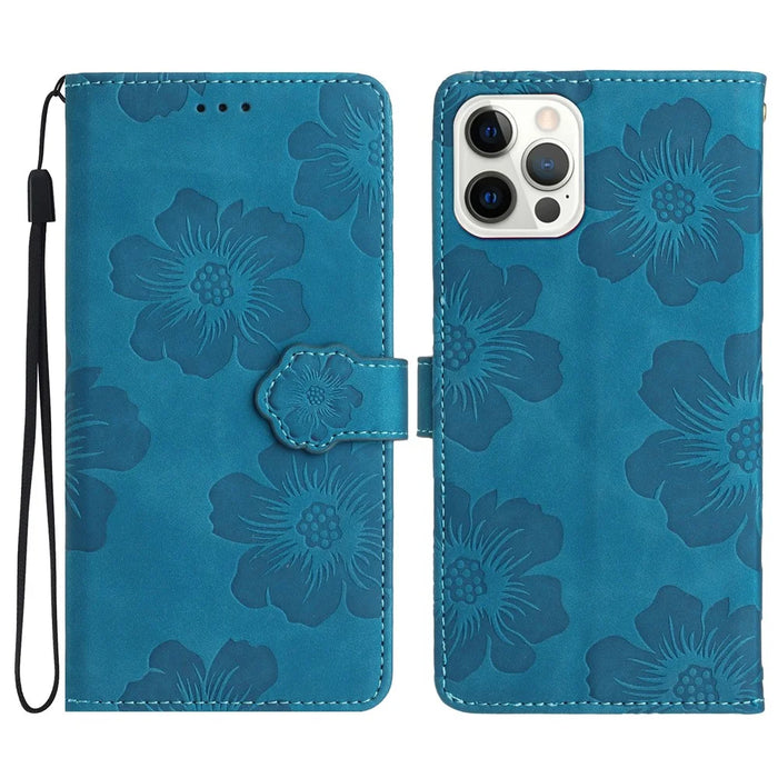 For iPhone 14 Pro Imprinted Flower Pattern Phone Case PU Leather Flip Stand Wallet Cover Shell with Strap - Blue - 1