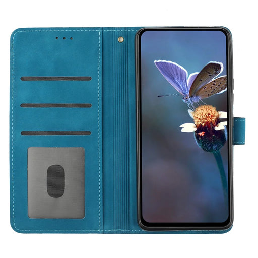 For iPhone 14 Pro Imprinted Flower Pattern Phone Case PU Leather Flip Stand Wallet Cover Shell with Strap - Blue - 2