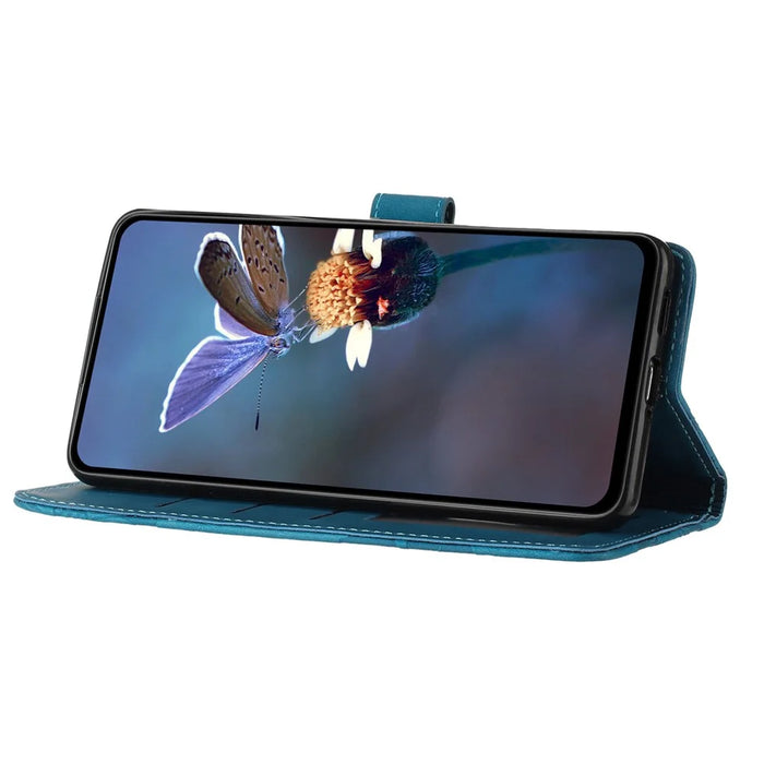 For iPhone 14 Pro Imprinted Flower Pattern Phone Case PU Leather Flip Stand Wallet Cover Shell with Strap - Blue - 3