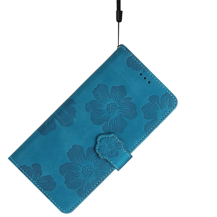 For iPhone 14 Pro Imprinted Flower Pattern Phone Case PU Leather Flip Stand Wallet Cover Shell with Strap - Blue - 5