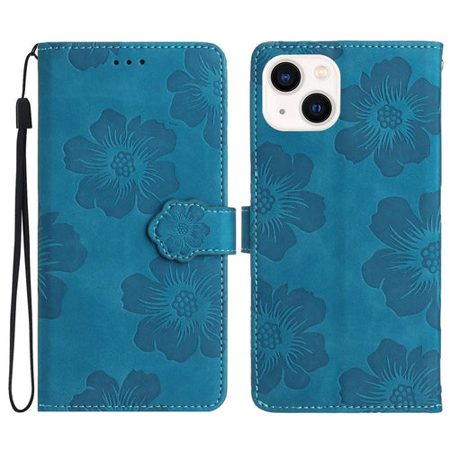 For iPhone 13 6.1 inch Wallet Cover PU Leather Flip Stand Phone Shell Imprinted Flower Pattern Phone Case - Blue - 1