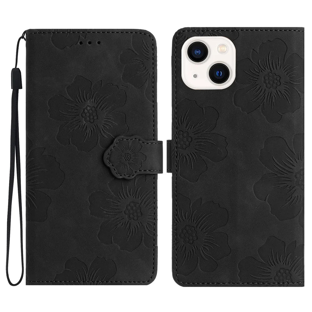 For iPhone 14 Cell Phone Case PU Leather Imprinted Flower Pattern Stand Wallet Cover with Strap - Black - 1