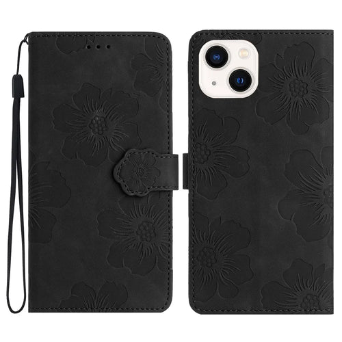 For iPhone 14 Cell Phone Case PU Leather Imprinted Flower Pattern Stand Wallet Cover with Strap - Black - 1