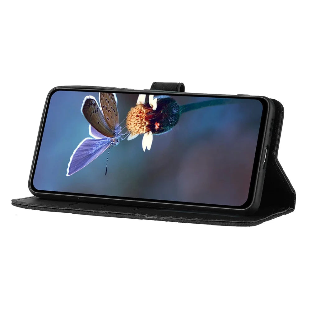For iPhone 14 Cell Phone Case PU Leather Imprinted Flower Pattern Stand Wallet Cover with Strap - Black - 3