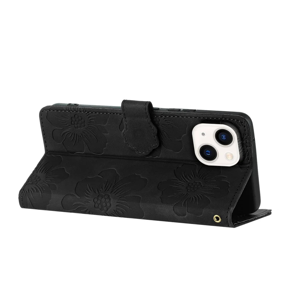 For iPhone 14 Cell Phone Case PU Leather Imprinted Flower Pattern Stand Wallet Cover with Strap - Black - 4