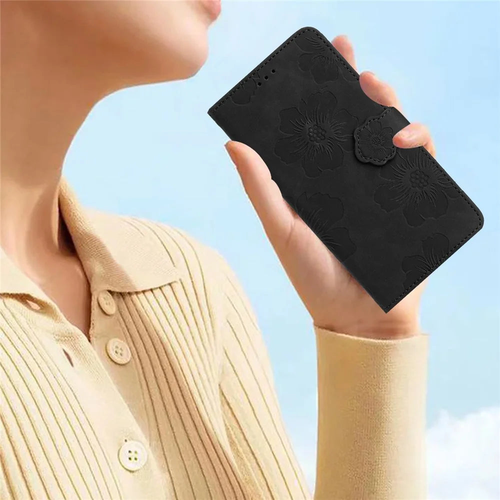 For iPhone 14 Cell Phone Case PU Leather Imprinted Flower Pattern Stand Wallet Cover with Strap - Black - 7