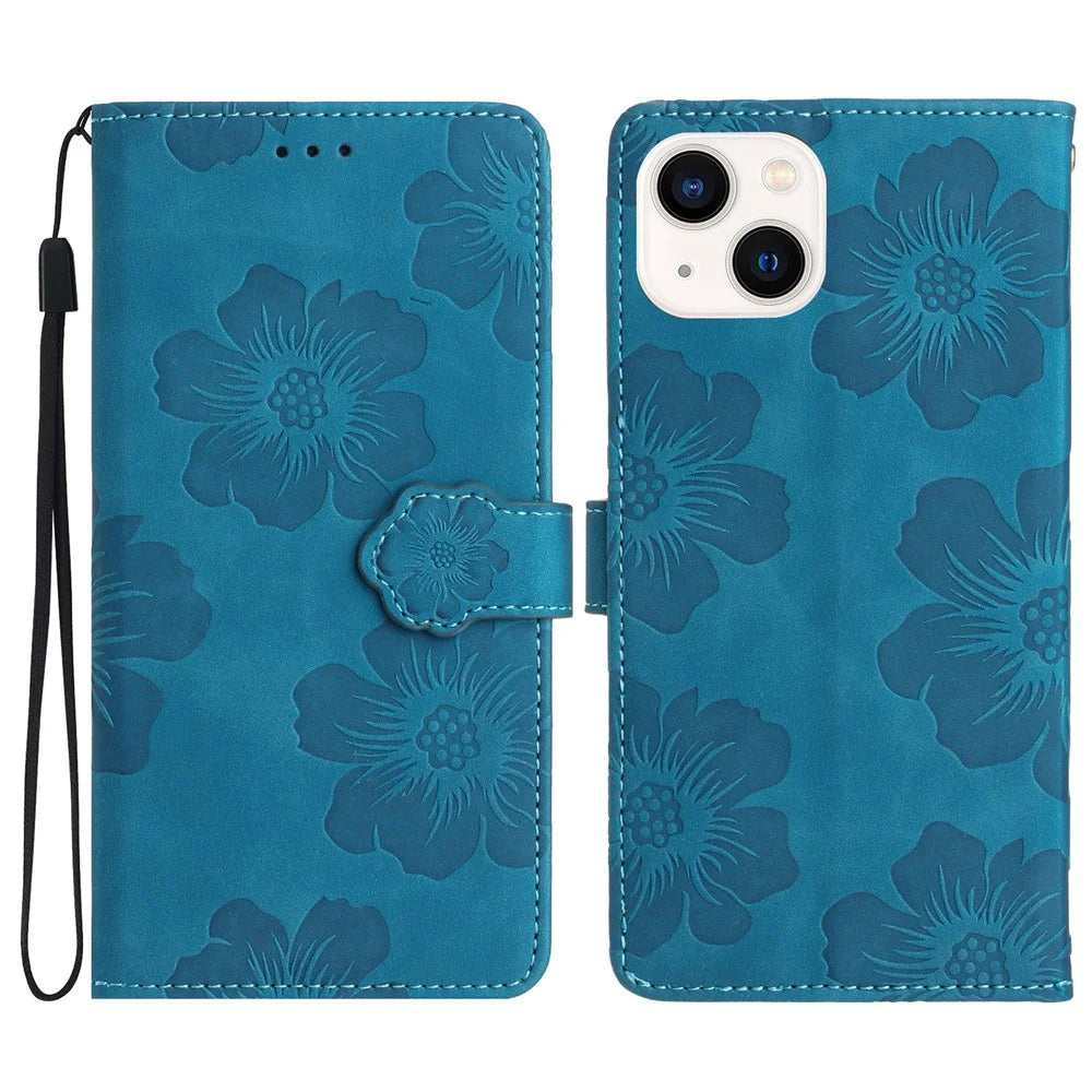 For iPhone 14 Plus PU Leather Phone Shell Wallet Cover Imprinted Flower Pattern Flip Stand Case - Blue - 1