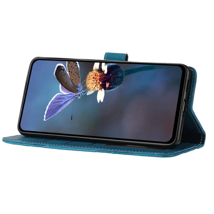For iPhone 14 Plus PU Leather Phone Shell Wallet Cover Imprinted Flower Pattern Flip Stand Case - Blue - 3