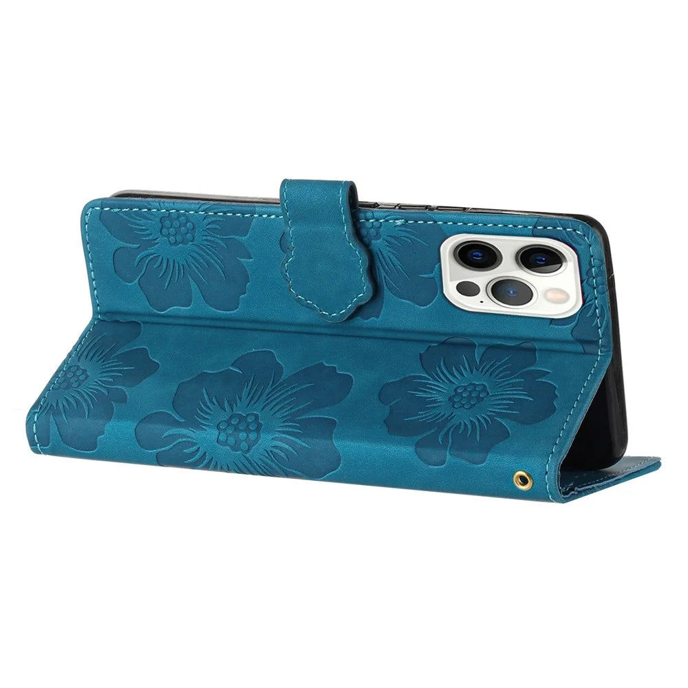 For iPhone 13 Pro Max Stand Phone Case Imprinted Flower Pattern Wallet Cover Flip Style PU Leather Shell - Blue - 4