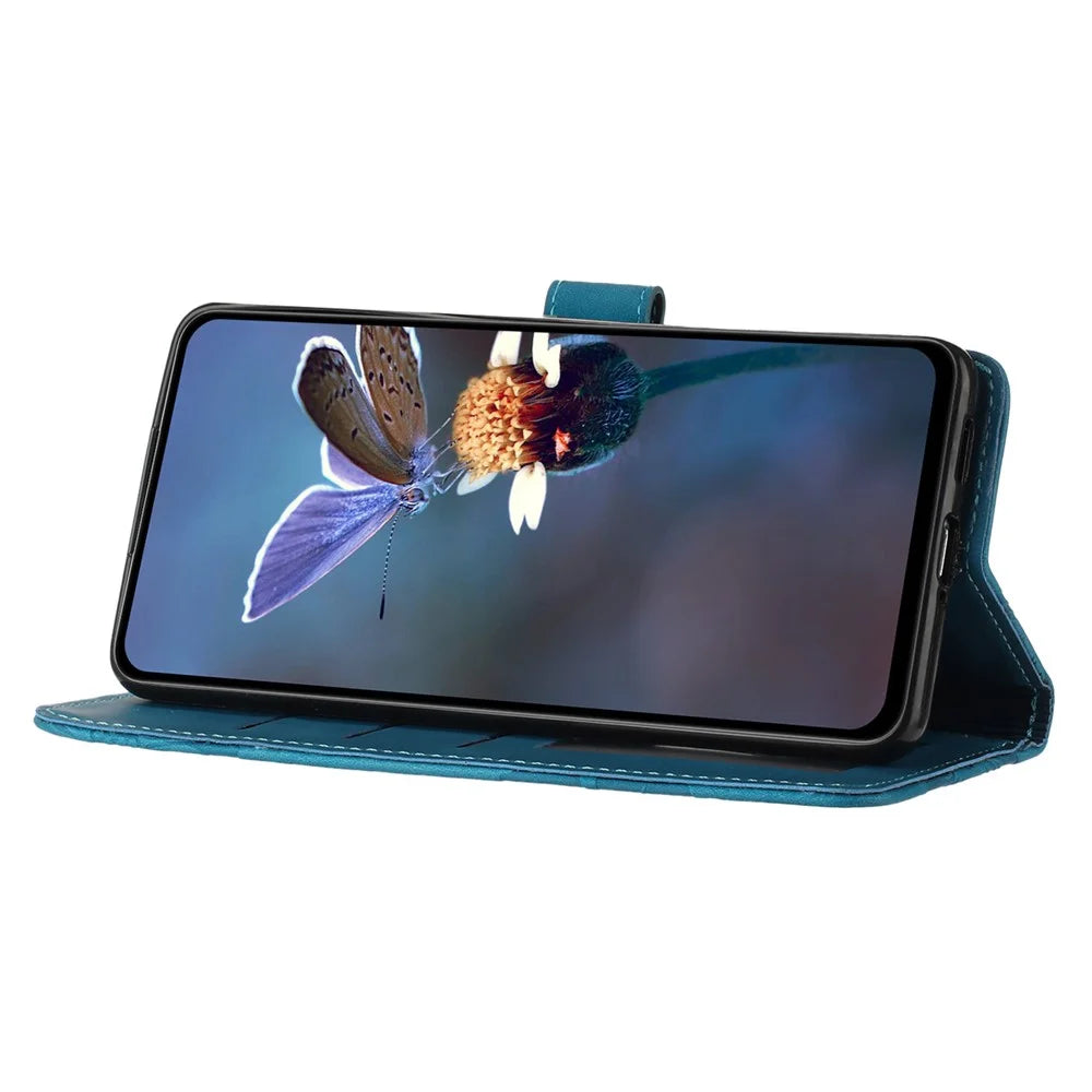 For iPhone 14 Pro Max Flowers Pattern Phone Case PU Leather Flip Stand Wallet Cover - Blue - 3