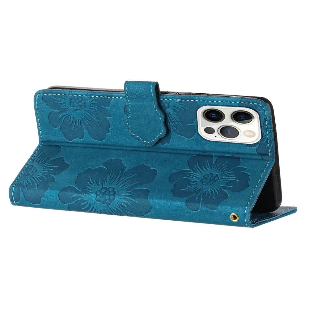 For iPhone 14 Pro Max Flowers Pattern Phone Case PU Leather Flip Stand Wallet Cover - Blue - 4