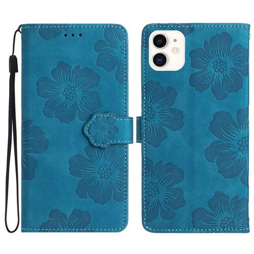 For iPhone 11 Cell Phone Case Flowers Imprinted PU Leather Stand Wallet Cover - Blue - 1