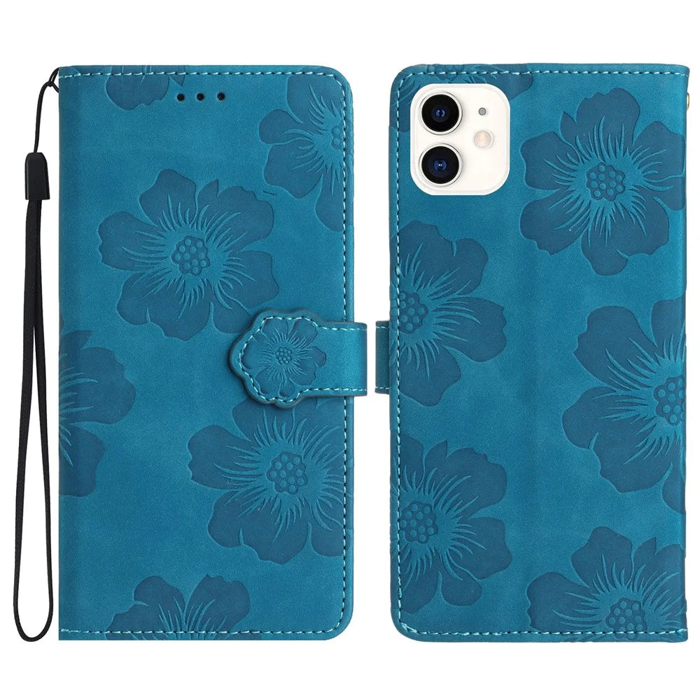 For iPhone 11 Cell Phone Case Flowers Imprinted PU Leather Stand Wallet Cover - Blue - 1