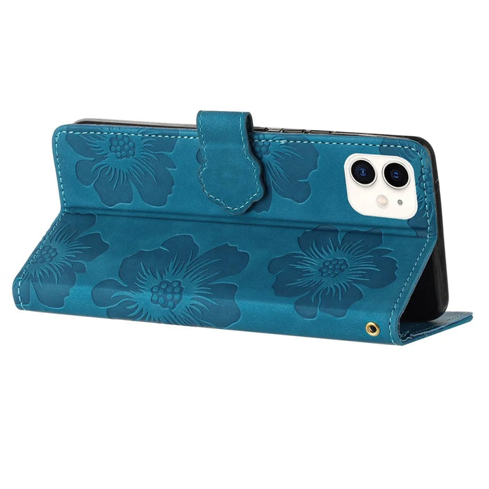For iPhone 11 Cell Phone Case Flowers Imprinted PU Leather Stand Wallet Cover - Blue - 4