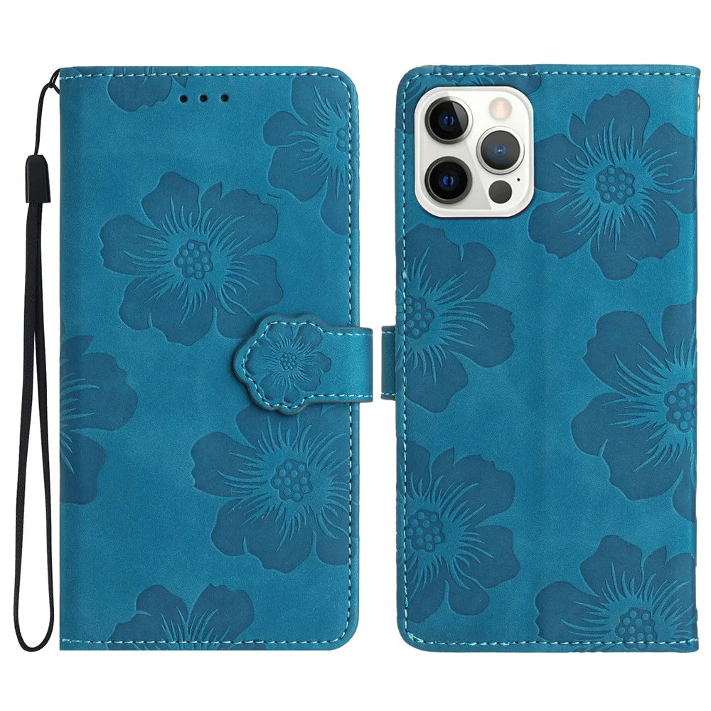 For iPhone 12 Pro Max 6.7 inch Flowers Imprint Phone Case PU Leather Wallet Cover with Stand - Blue - 1
