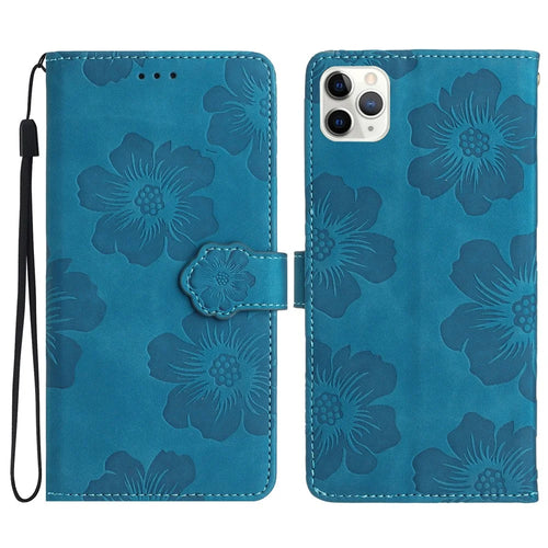 For iPhone 11 Pro Flowers Imprint Flip Stand Phone Case PU Leather Wallet Shockproof Cover - Blue - 1