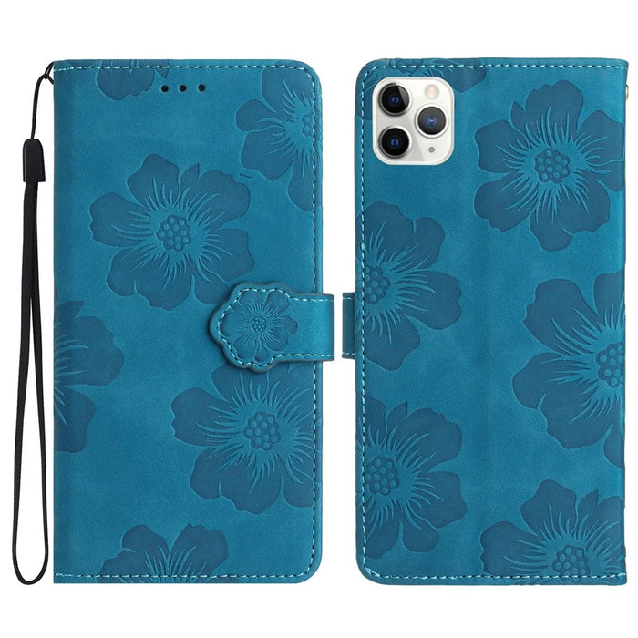 For iPhone 11 Pro Flowers Imprint Flip Stand Phone Case PU Leather Wallet Shockproof Cover - Blue - 1