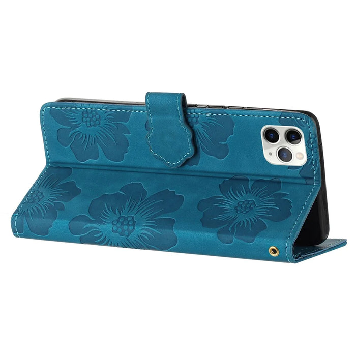 For iPhone 11 Pro Flowers Imprint Flip Stand Phone Case PU Leather Wallet Shockproof Cover - Blue - 4