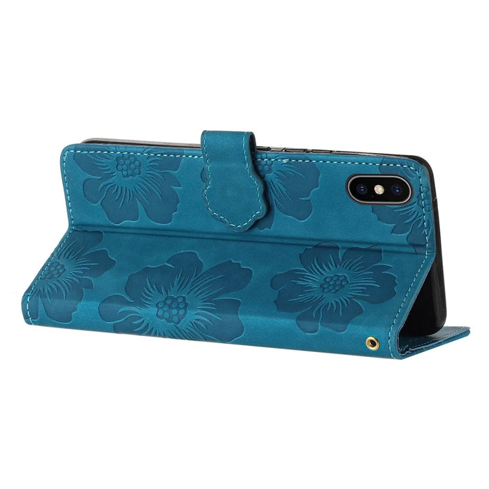 For iPhone XS Max 6.5 inch Flowers Imprint Drop-proof Shell PU Leather Wallet Flip Stand Cover - Blue - 4