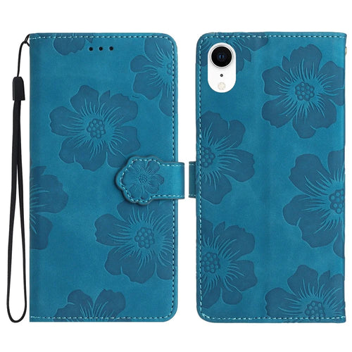 For iPhone XR 6.1 inch Flowers Pattern Anti-drop Phone Case PU Leather Stand Wallet Cover - Blue - 1