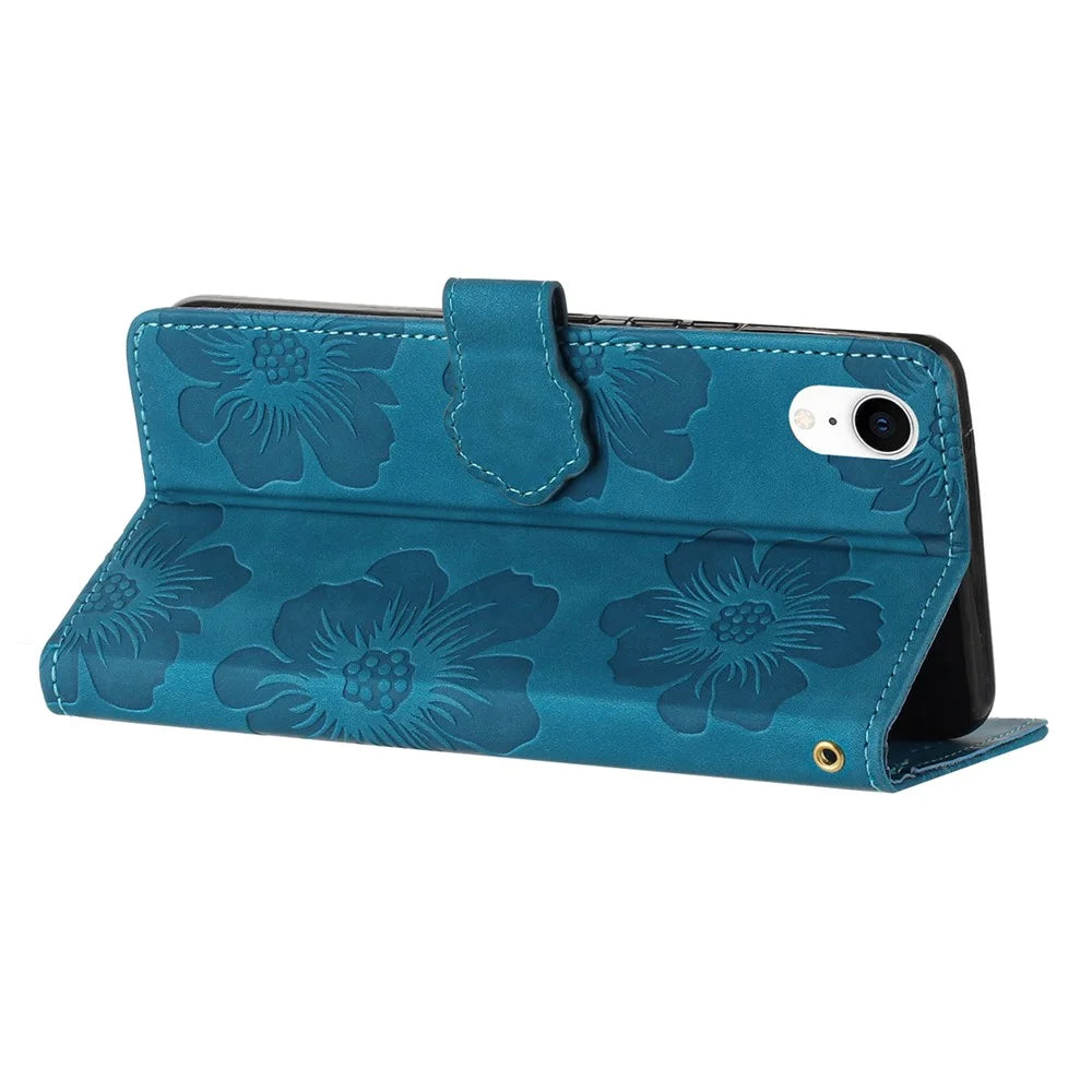 For iPhone XR 6.1 inch Flowers Pattern Anti-drop Phone Case PU Leather Stand Wallet Cover - Blue - 4