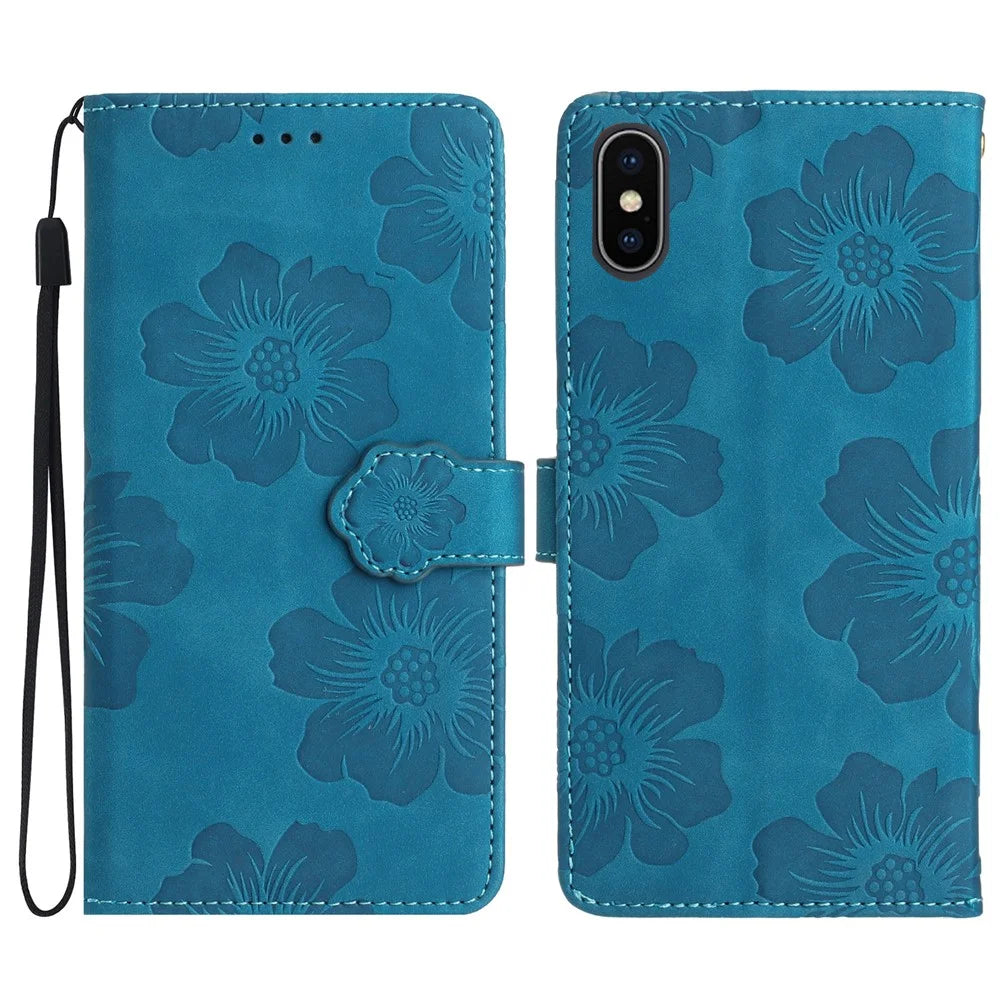 For iPhone X / XS 5.8 inch Flowers Imprint Mobile Case PU Leather Wallet Anti-drop Stand Cover - Blue - 1