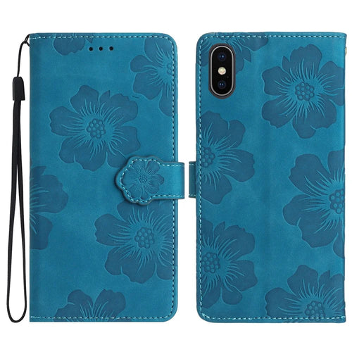 For iPhone X / XS 5.8 inch Flowers Imprint Mobile Case PU Leather Wallet Anti-drop Stand Cover - Blue - 1