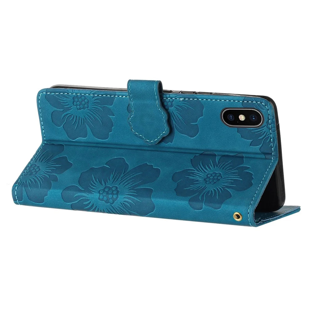 For iPhone X / XS 5.8 inch Flowers Imprint Mobile Case PU Leather Wallet Anti-drop Stand Cover - Blue - 4