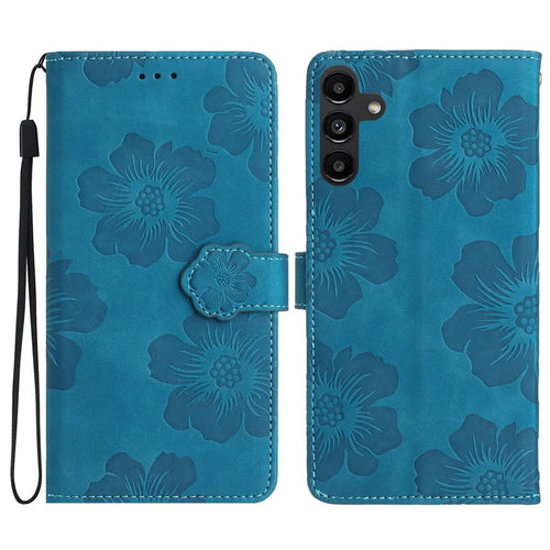 For Samsung Galaxy A14 5G Flowers Pattern Shockproof Phone Case PU Leather Wallet Cover with Stand - Blue - 1