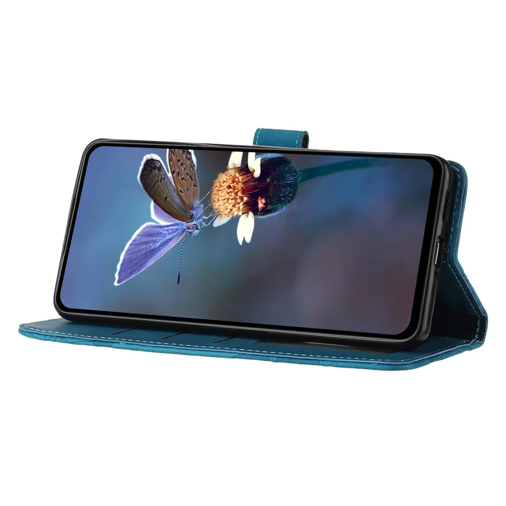 For Samsung Galaxy A14 5G Flowers Pattern Shockproof Phone Case PU Leather Wallet Cover with Stand - Blue - 3