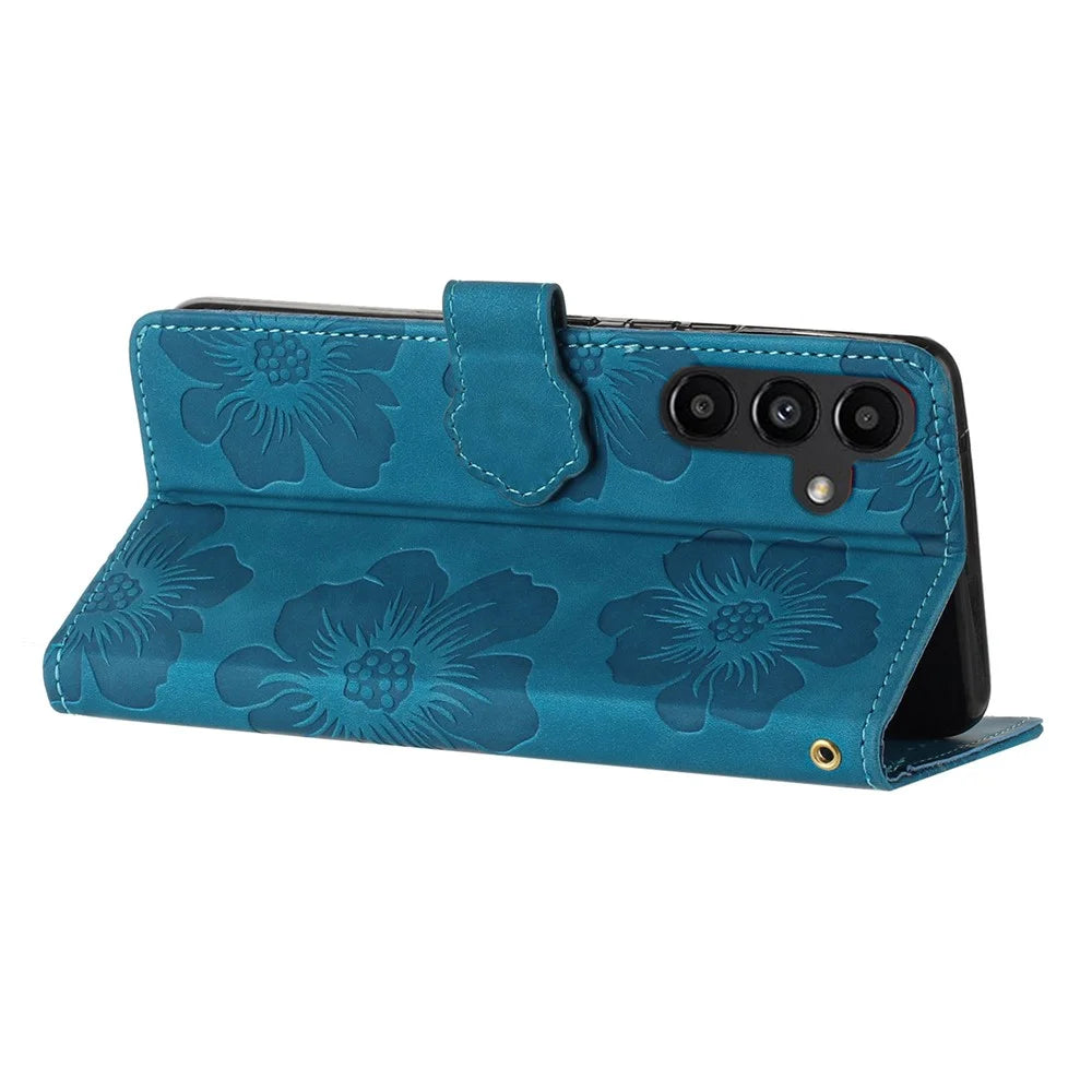 For Samsung Galaxy A14 5G Flowers Pattern Shockproof Phone Case PU Leather Wallet Cover with Stand - Blue - 4