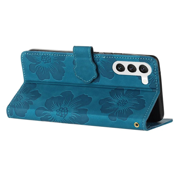 For Samsung Galaxy S23 Flowers Imprinted Leather Phone Case Stand Wallet Drop-proof Shell - Blue - 4