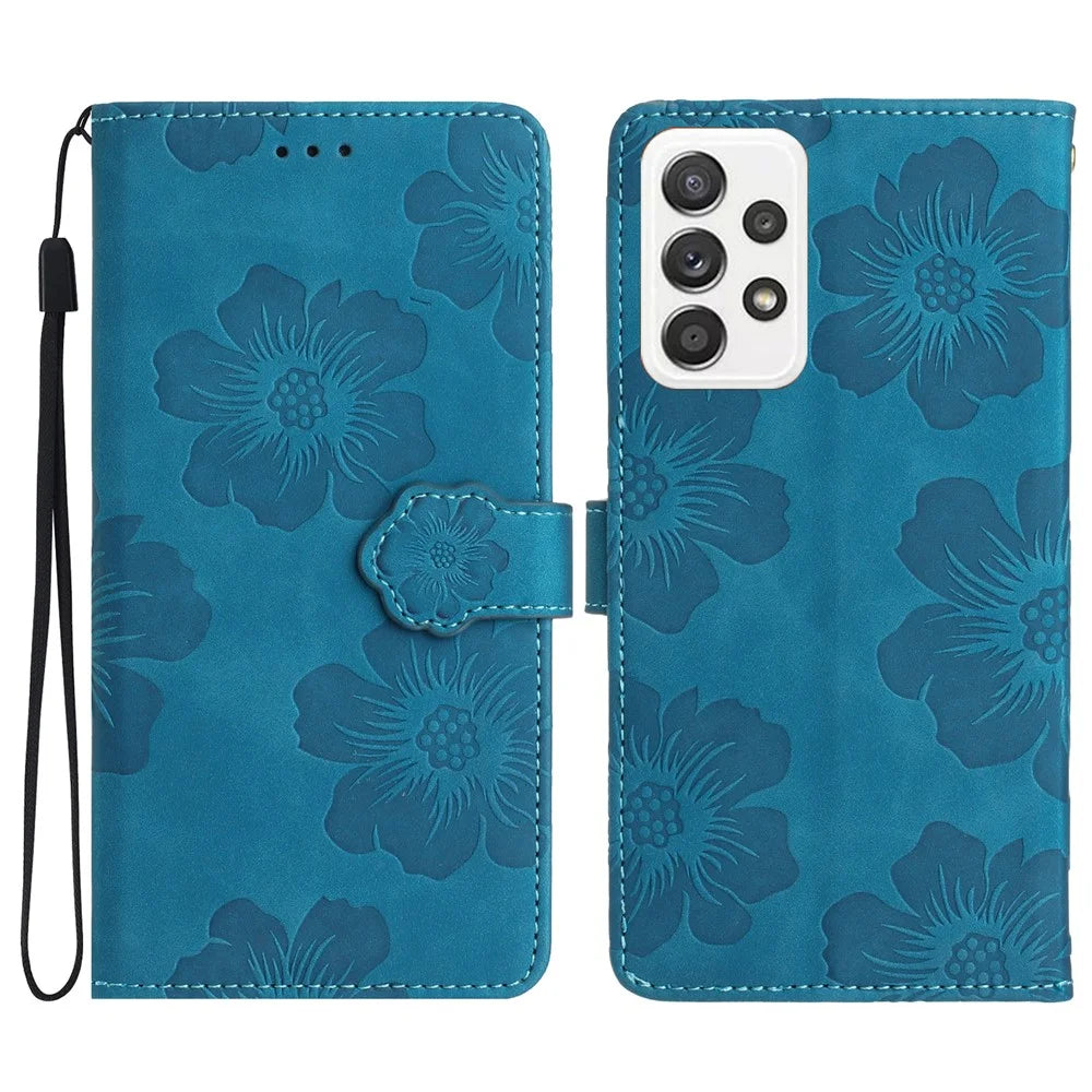 For Samsung Galaxy A73 5G Flip Stand Phone Case Flowers Imprint Leather Wallet Shockproof Cover - Blue - 1
