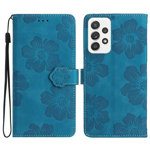 For Samsung Galaxy A73 5G Flip Stand Phone Case Flowers Imprint Leather Wallet Shockproof Cover - Blue - 1