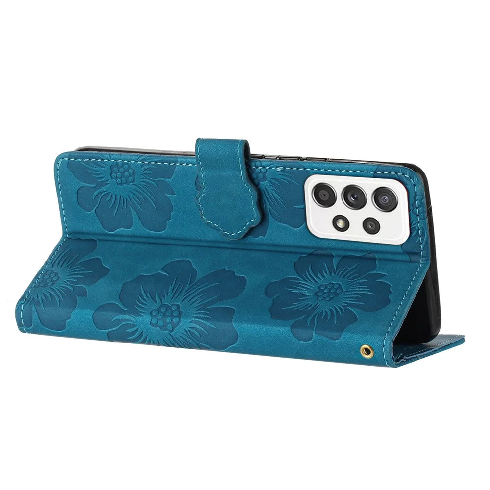 For Samsung Galaxy A73 5G Flip Stand Phone Case Flowers Imprint Leather Wallet Shockproof Cover - Blue - 4