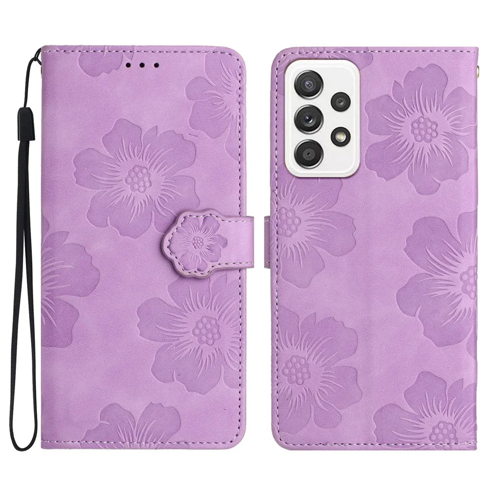 For Samsung Galaxy A53 5G Phone Cover PU Leather Imprinted Flowers Stand Wallet Full Protection Case - Purple - 1