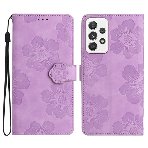 For Samsung Galaxy A53 5G Phone Cover PU Leather Imprinted Flowers Stand Wallet Full Protection Case - Purple - 1