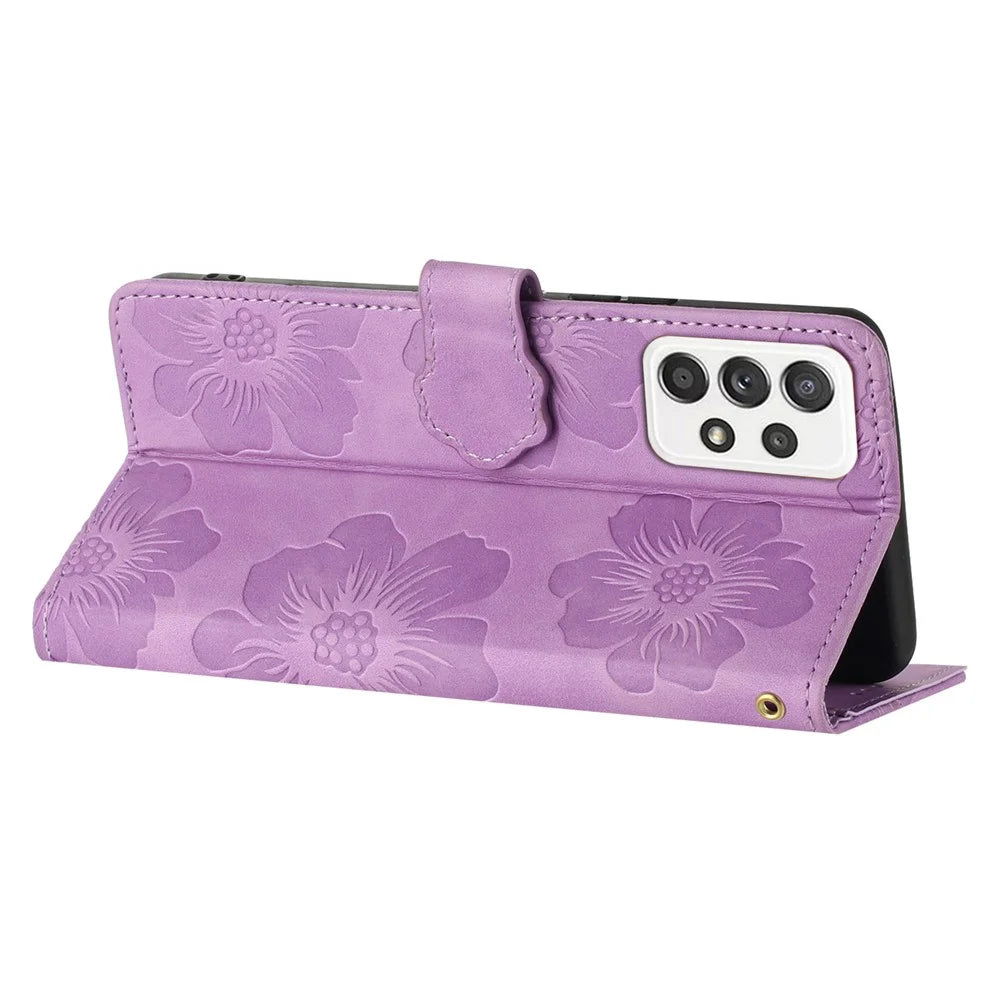 For Samsung Galaxy A53 5G Phone Cover PU Leather Imprinted Flowers Stand Wallet Full Protection Case - Purple - 4