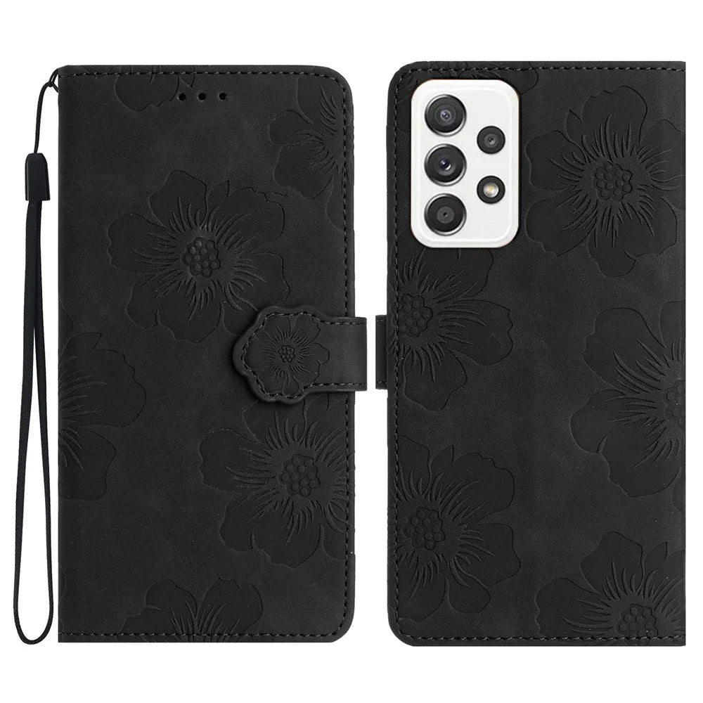 For Samsung Galaxy A72 4G / 5G Imprinted Flowers Phone Cover PU Leather Coated TPU Wallet Shell Case - Black - 1