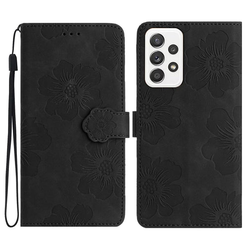 For Samsung Galaxy A72 4G / 5G Imprinted Flowers Phone Cover PU Leather Coated TPU Wallet Shell Case - Black - 1
