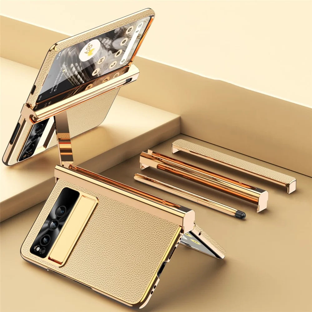 For Google Pixel Fold PU Leather+PC Phone Case Magnetic Double Hinge Kickstand Cover with Tempered Glass Screen Film+Stylus - Gold - 1