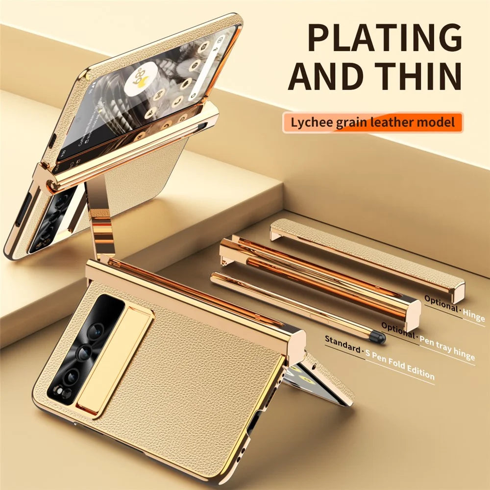 For Google Pixel Fold PU Leather+PC Phone Case Magnetic Double Hinge Kickstand Cover with Tempered Glass Screen Film+Stylus - Gold - 2