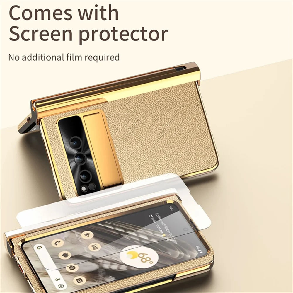 For Google Pixel Fold PU Leather+PC Phone Case Magnetic Double Hinge Kickstand Cover with Tempered Glass Screen Film+Stylus - Gold - 3