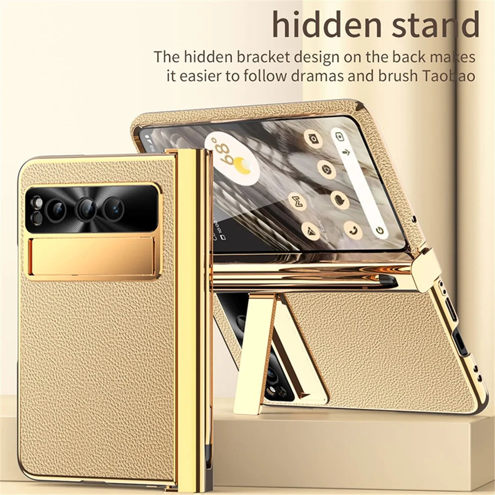 For Google Pixel Fold PU Leather+PC Phone Case Magnetic Double Hinge Kickstand Cover with Tempered Glass Screen Film+Stylus - Gold - 4