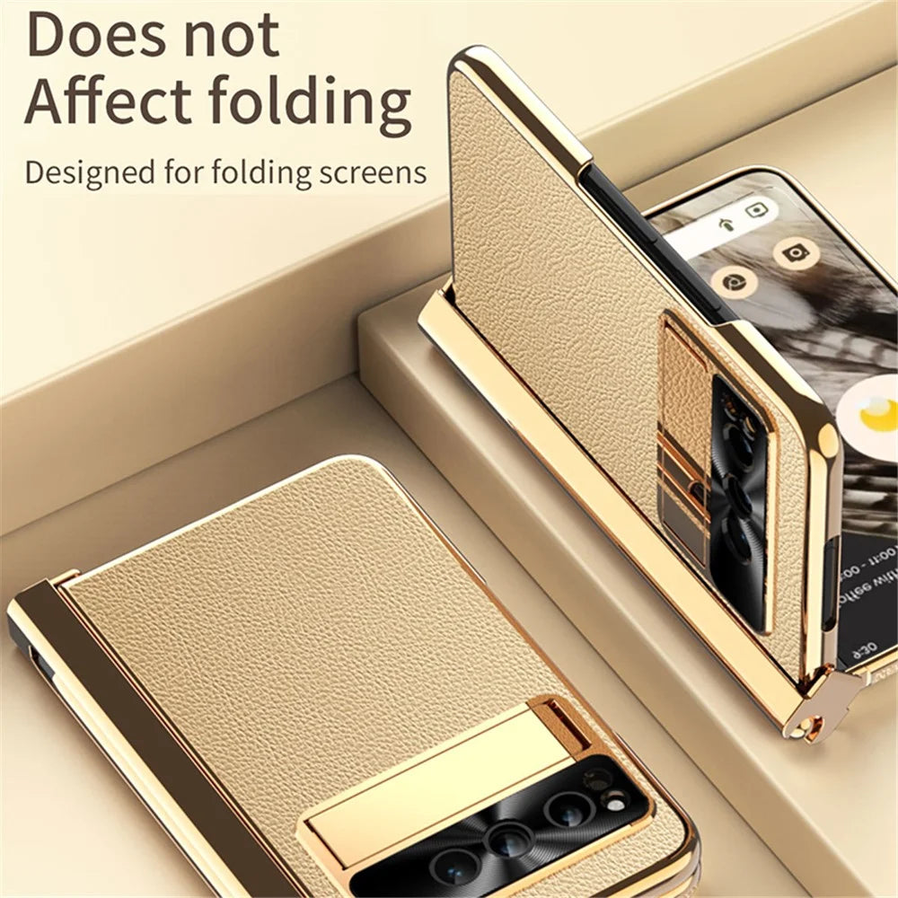 For Google Pixel Fold PU Leather+PC Phone Case Magnetic Double Hinge Kickstand Cover with Tempered Glass Screen Film+Stylus - Gold - 5