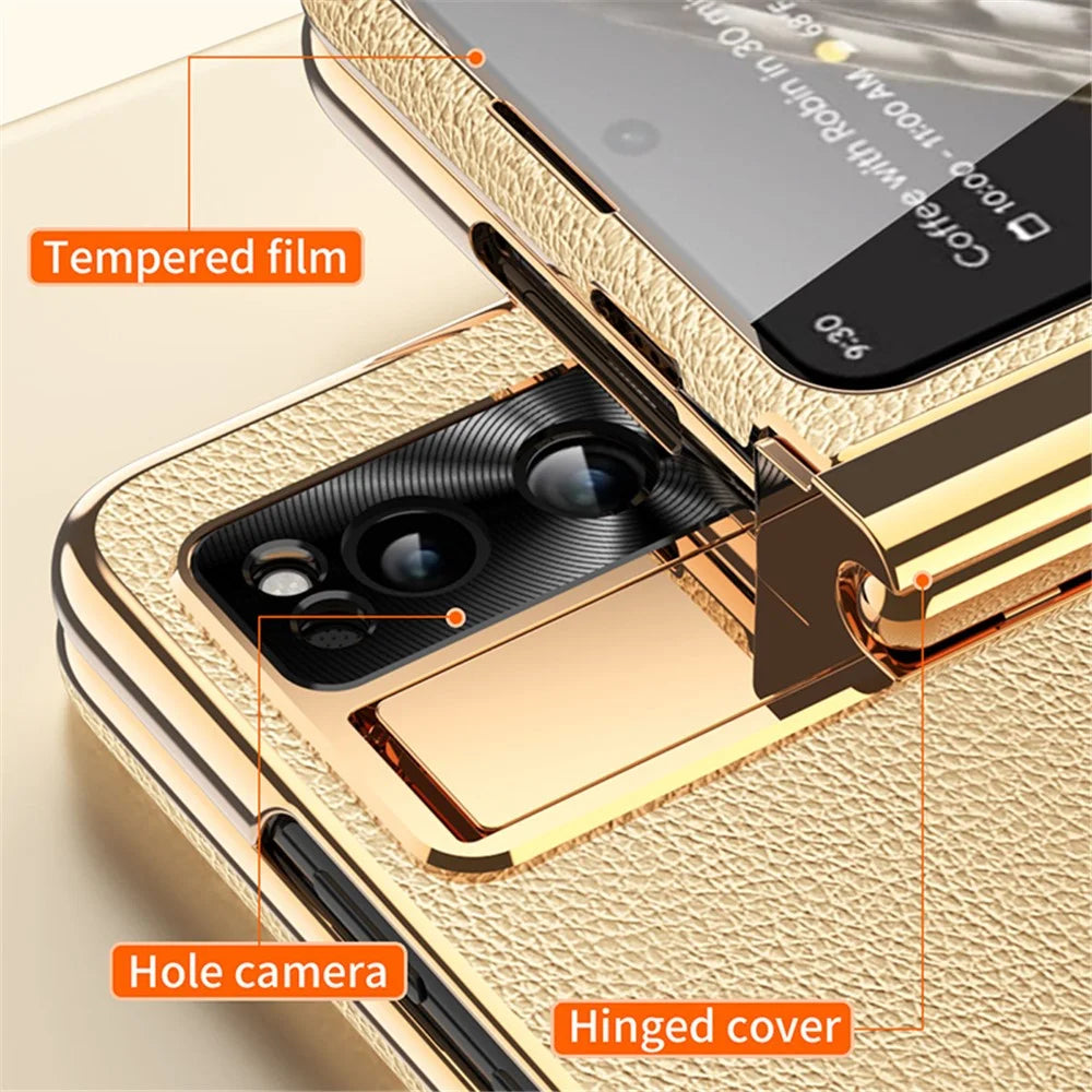 For Google Pixel Fold PU Leather+PC Phone Case Magnetic Double Hinge Kickstand Cover with Tempered Glass Screen Film+Stylus - Gold - 6