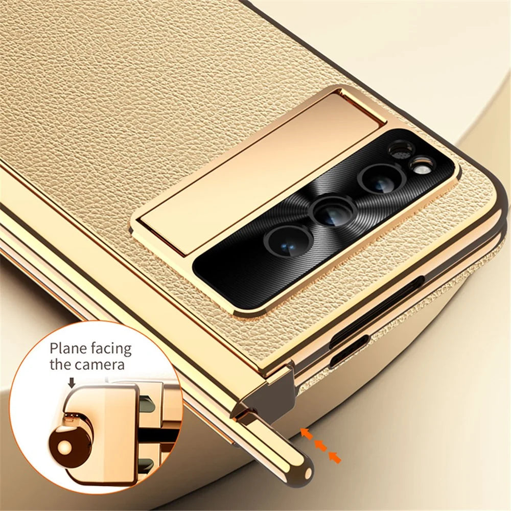For Google Pixel Fold PU Leather+PC Phone Case Magnetic Double Hinge Kickstand Cover with Tempered Glass Screen Film+Stylus - Gold - 7